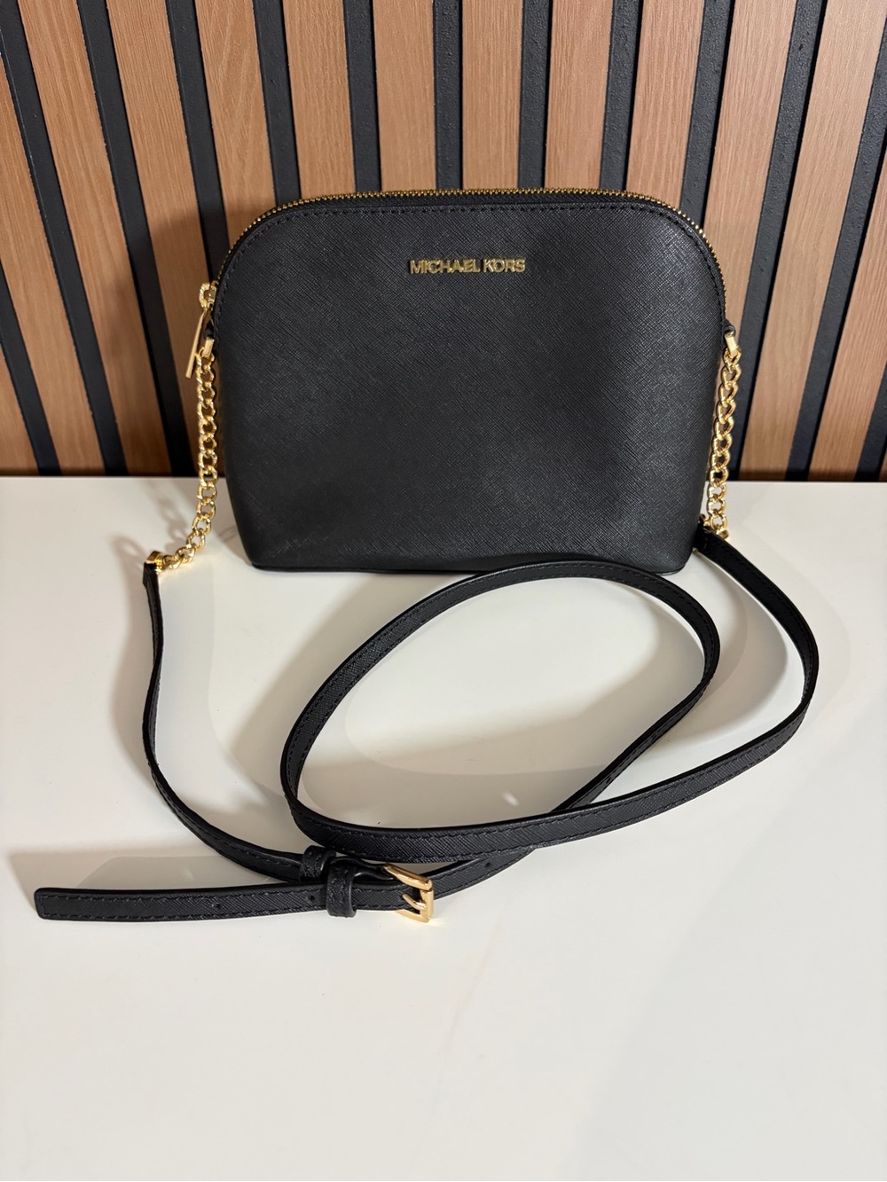 Michael Kors Black Saffiano Dome Crossbody with Gold Logo - Picture 3 of 13